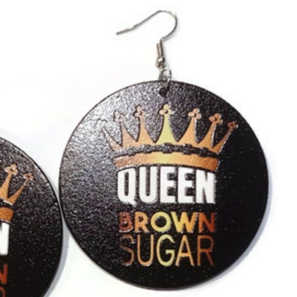 Crown Queen Brown Sugar Black Gold Large Statement Dangle Wood Earrings - Picture 3 of 5